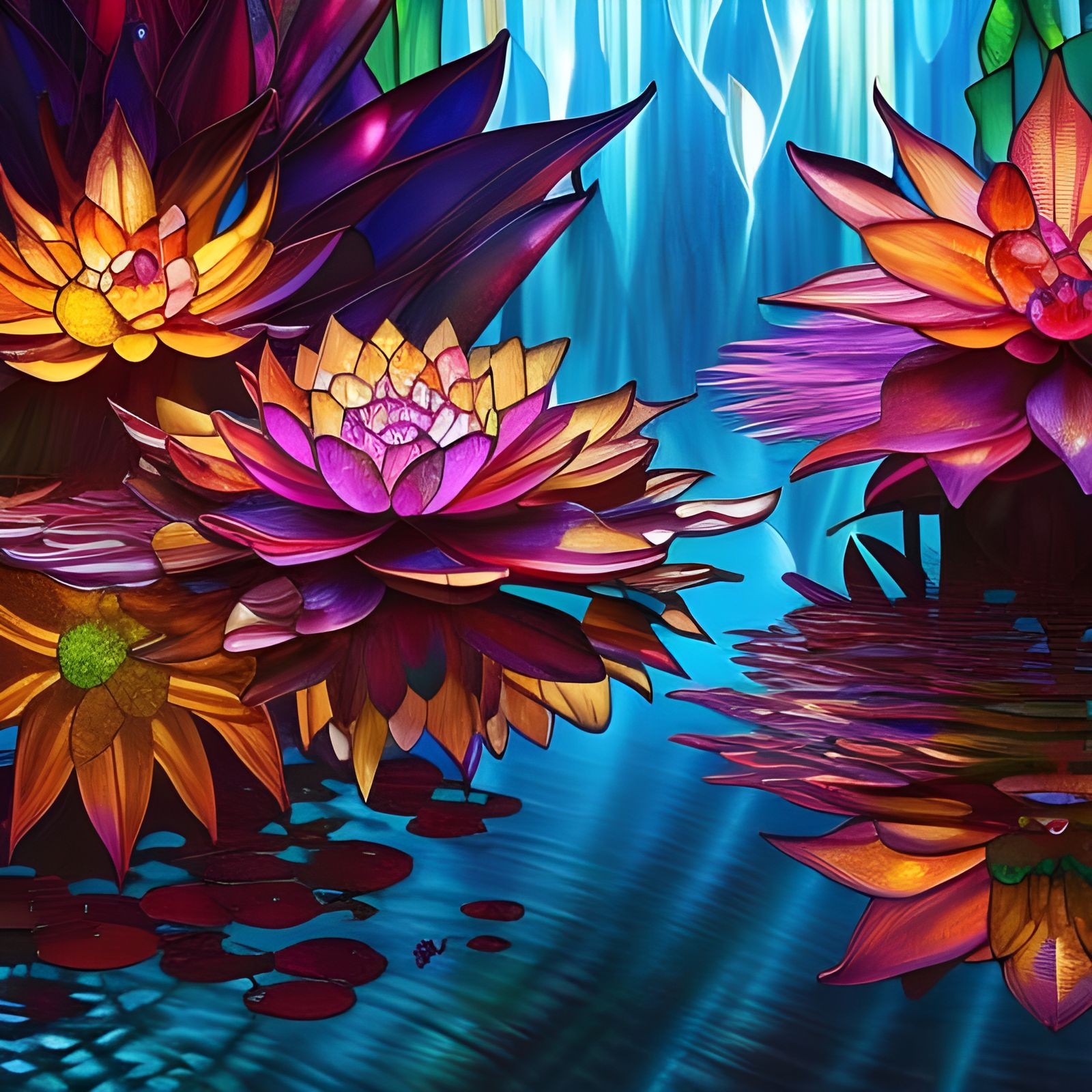 Crystalline Stained Glass Water Lily Digital Art