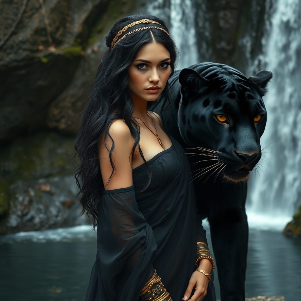 Mystical Goddess and Panther in Ethereal Landscape