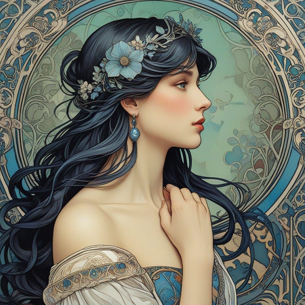 Art Nouveau Aphrodite Contemplates Apple in Painterly Style