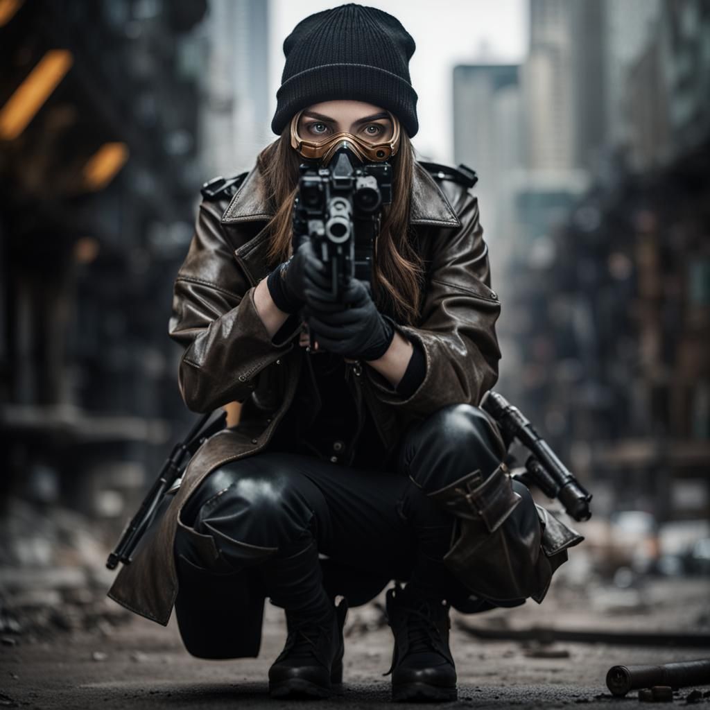 Dystopian Girl in Mask with Gun: Professional Photo