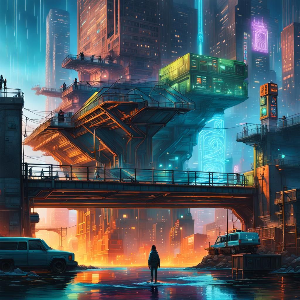 Cyberpunk Bridge City in Hyperrealistic Splash Art