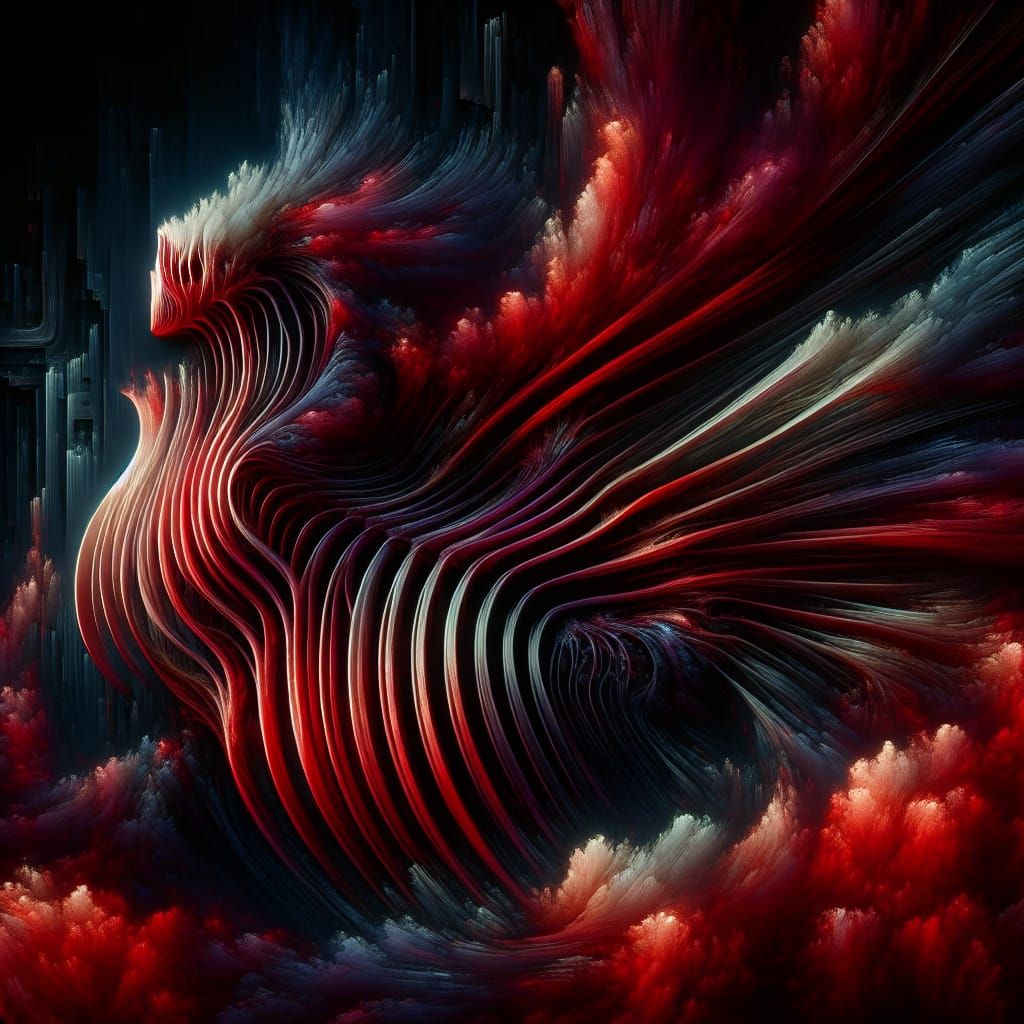 Abstract Crimson Creature in Shadowy Fantasy Landscape