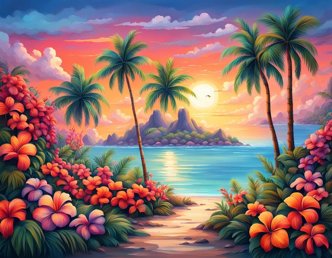 Elegant Tropical Island with Painted Sky