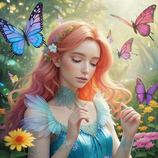 Ethereal Fairy Portrait in Sunlit Butterfly Garden
