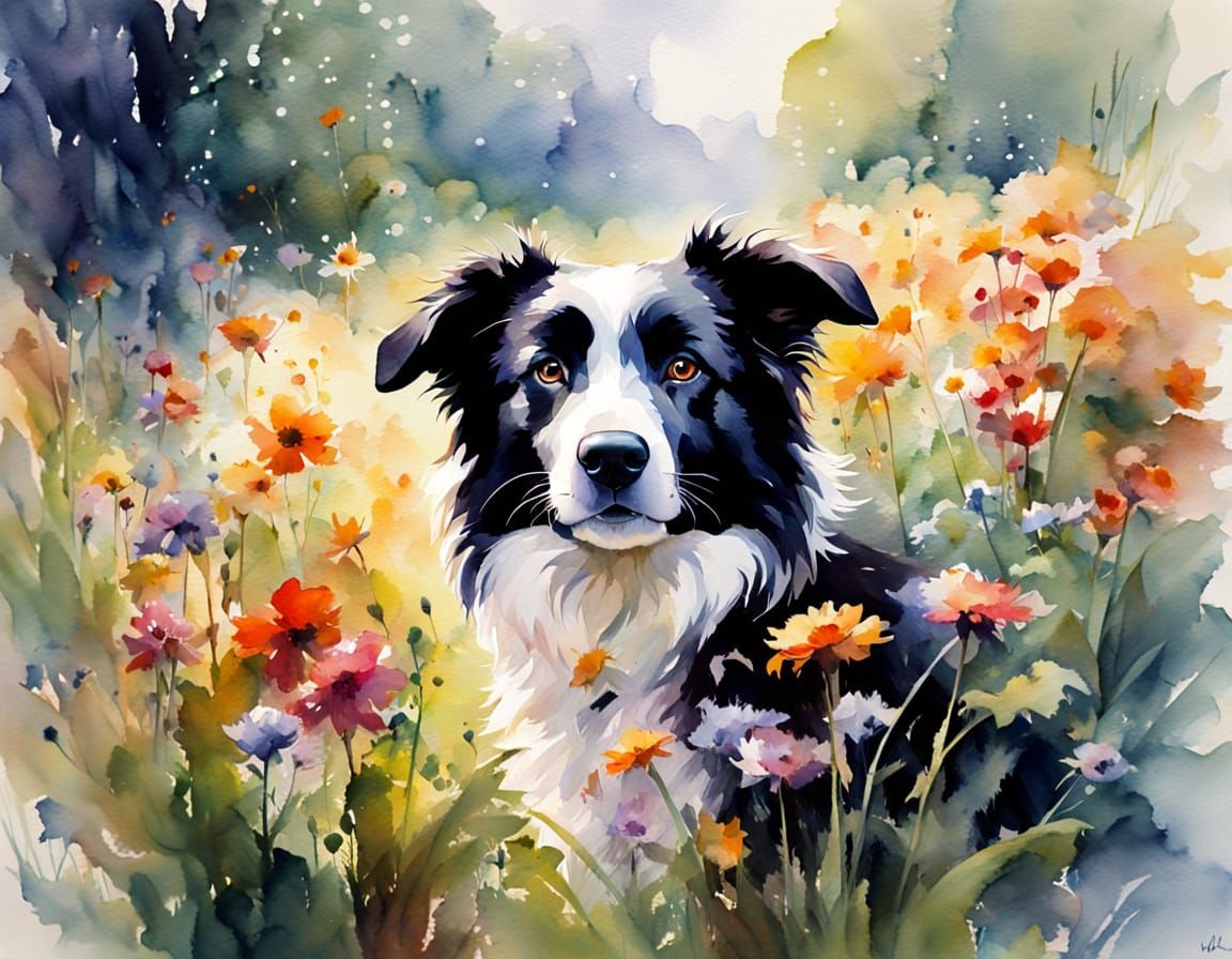 Playful Border Collie Puppy in Sunlit Flower Garden Watercol...