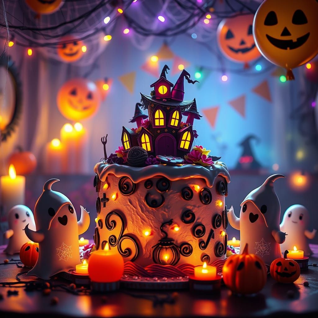 Whimsical Haunted Cake with Joyful Ghosts