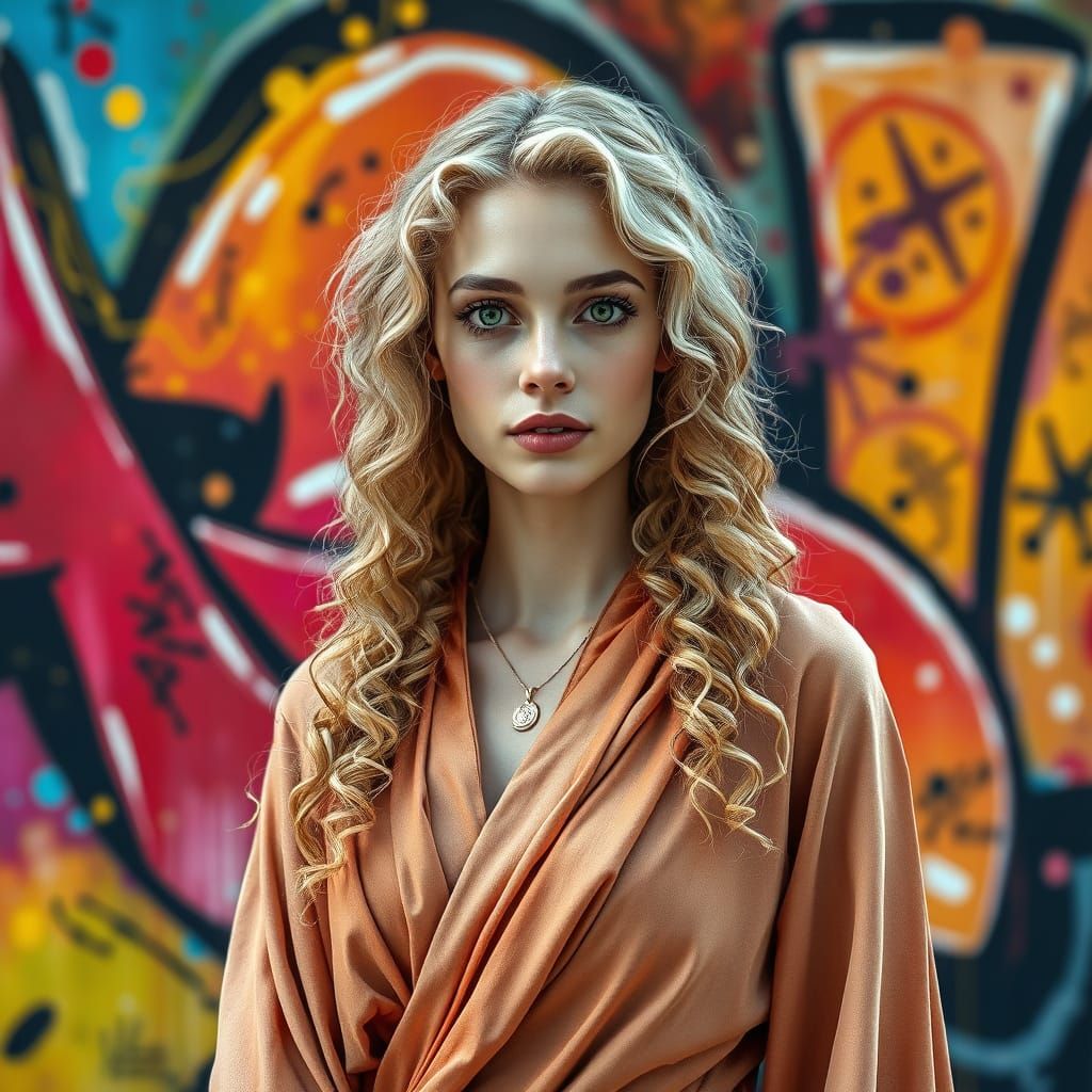Ethereal Woman Amidst Vibrant Graffiti