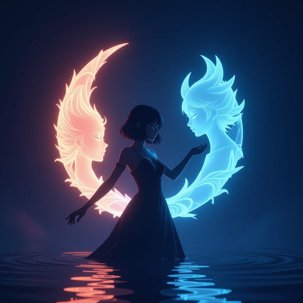 Woman Reaching into Void with Ethereal Lights