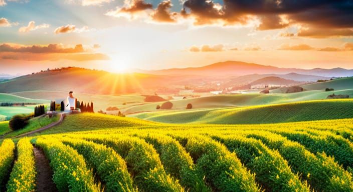 Hyperrealistic Tuscany Sunset over Wine Vineyard