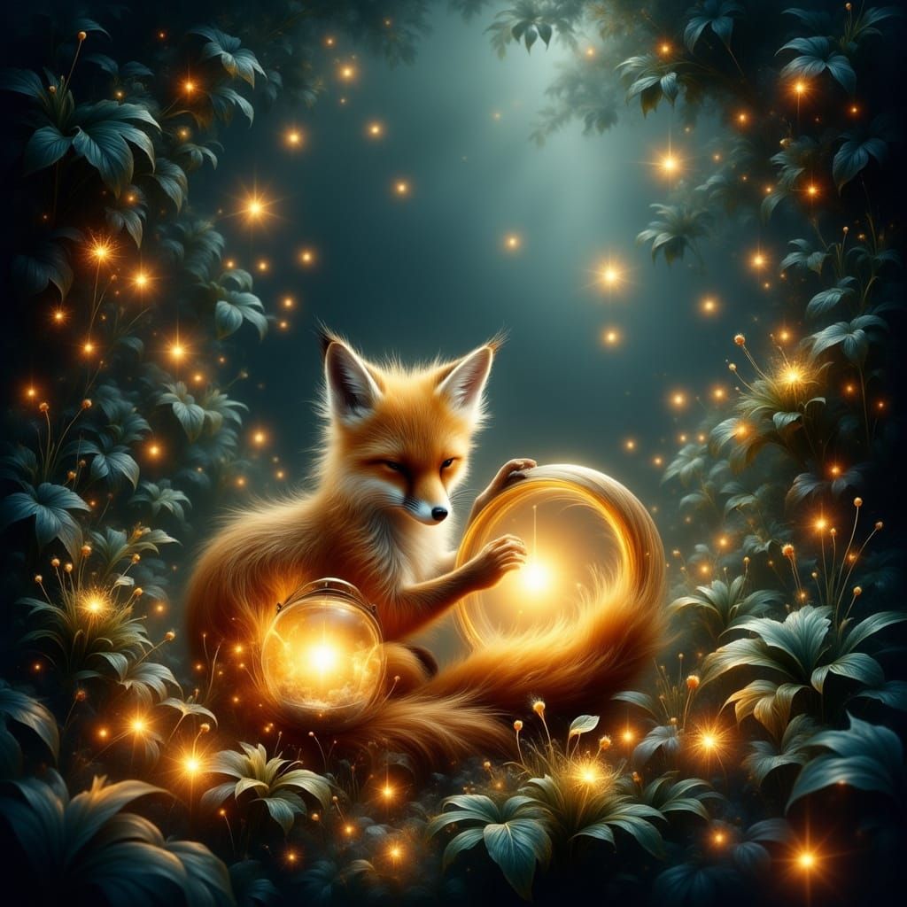 Fluffy Fox in Glowing Lantern, Mystical Forest Night