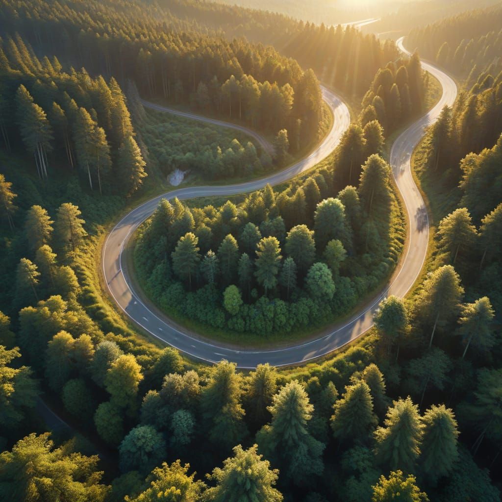 Aerial View of Winding Forest Road in Golden Light