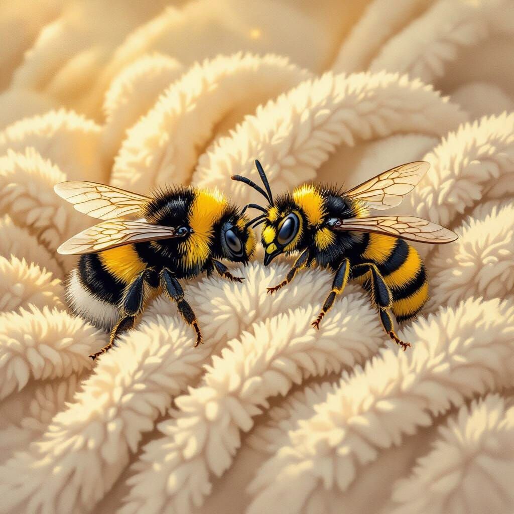Fuzzy Bumblebee and Wasp Cuddle on Fluffy Blanket