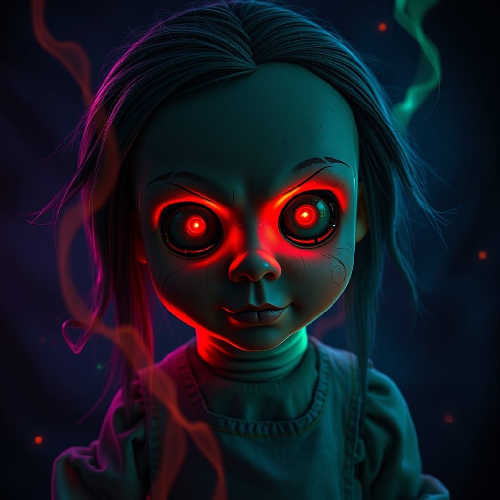 Eerie Red Light Doll in Dark, Ominous Landscape