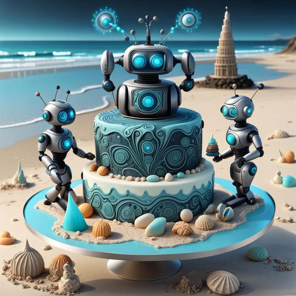 Bioluminescent Robot Birthday on a Futuristic Beach