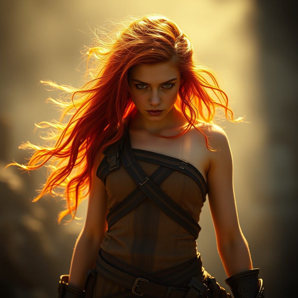Heroic Redhead Warrior in Gritty, Cinematic Landscape
