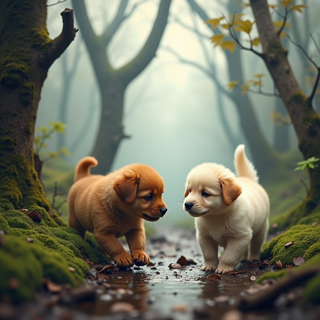 Puppies Frolic in Misty Forest, Atmospheric Landscape