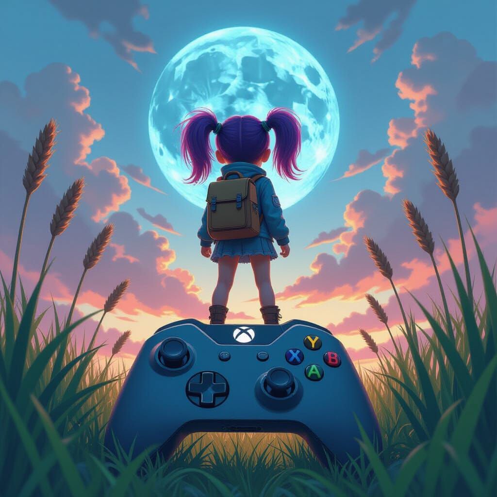 Girl on Xbox Controller in Stylized Environment