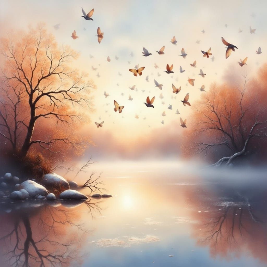 Sunrise Over Lake with Misty Birds in Poster Art Style
