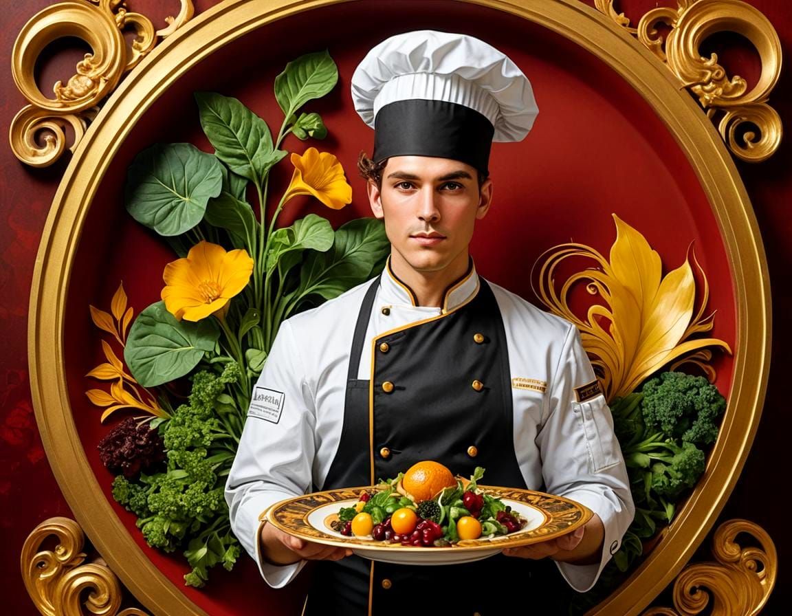 Art Nouveau Chef Presents Gourmet Dish