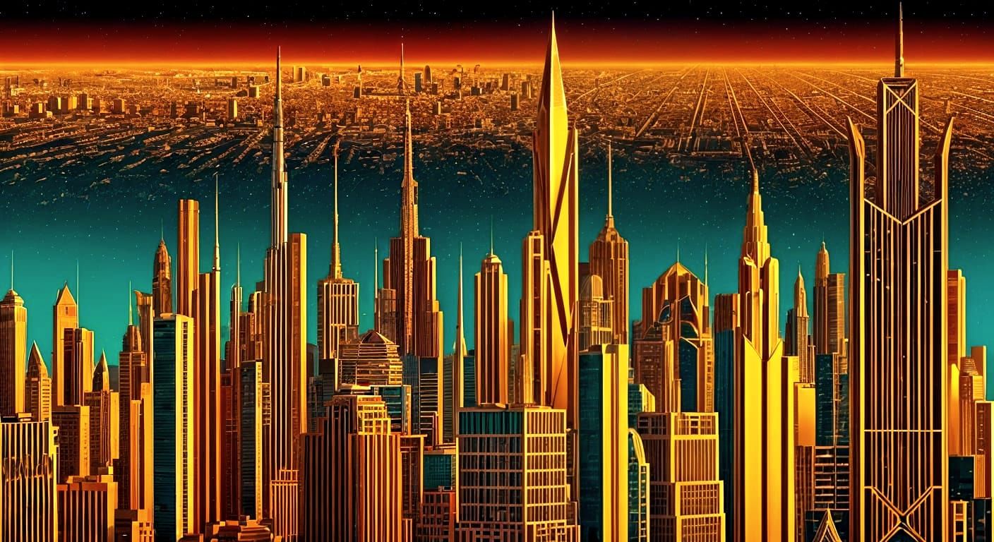 Art Deco Retrofuturist Cityscape in Bronze, Teal, and Gold