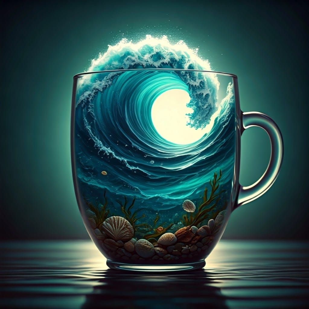 Ocean Wave in Glass Cup: Hyperrealistic Digital Art