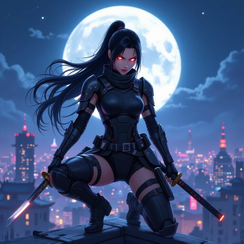 Anime Ninja-Soldier in Cyberpunk City Under Moonlight