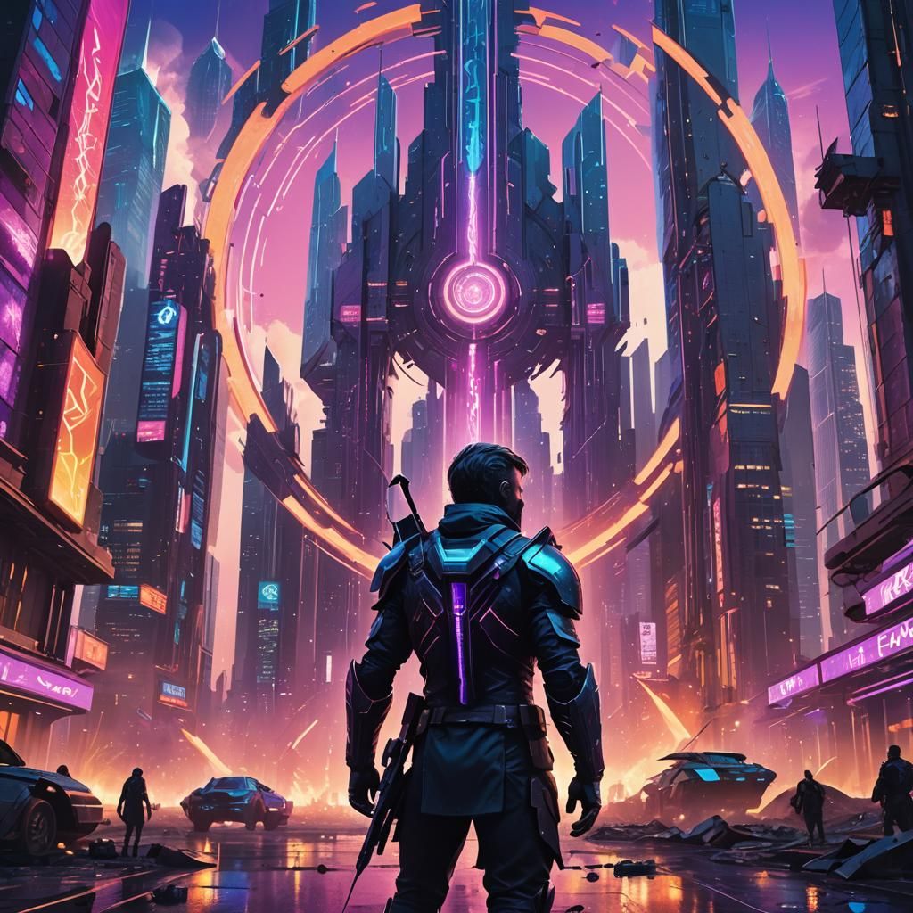 Media Warrior in Cyberpunk City with Portal