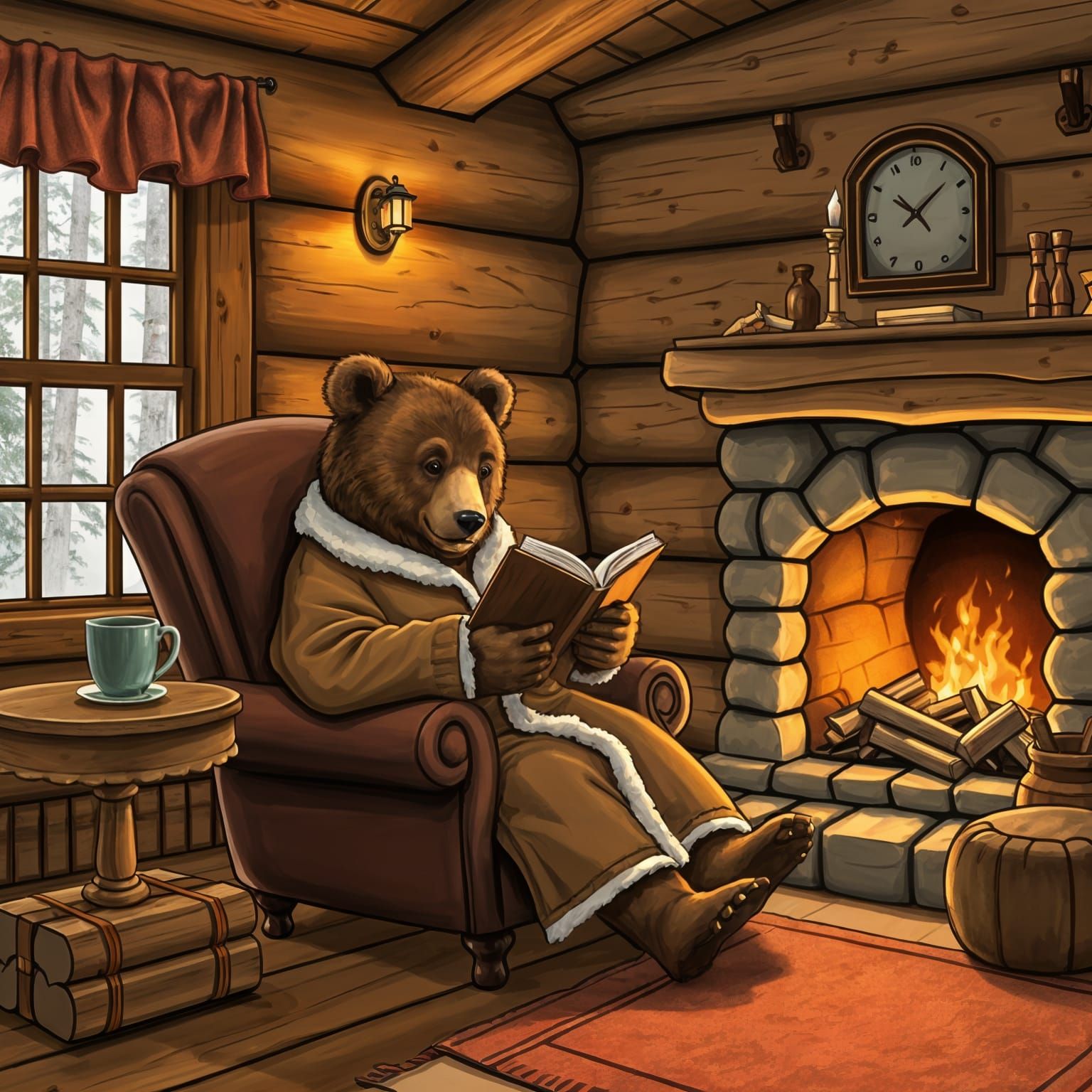 Cosy Log Cabin Interior with Bear Reading
