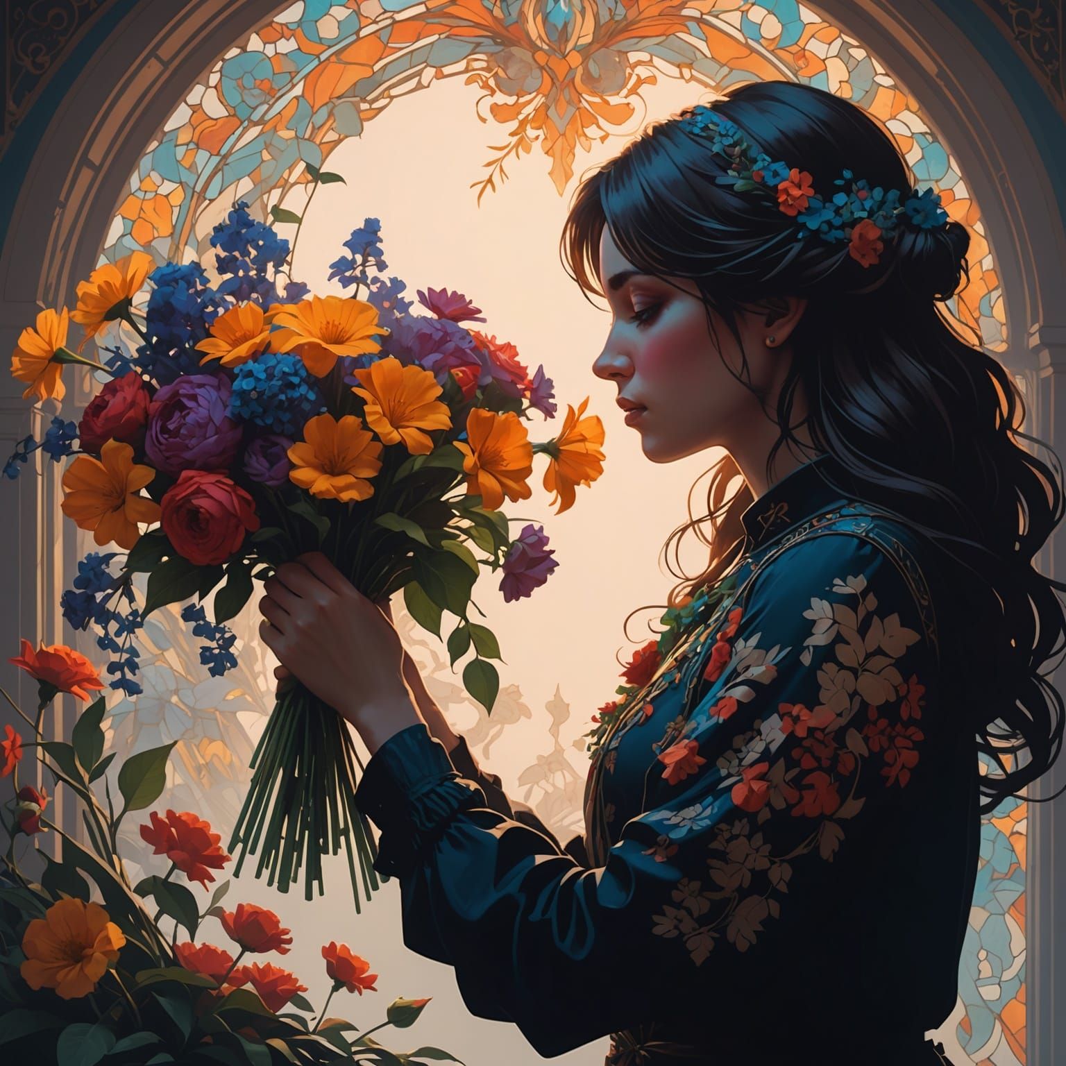 Silhouette Portrait of Girl with Flowers