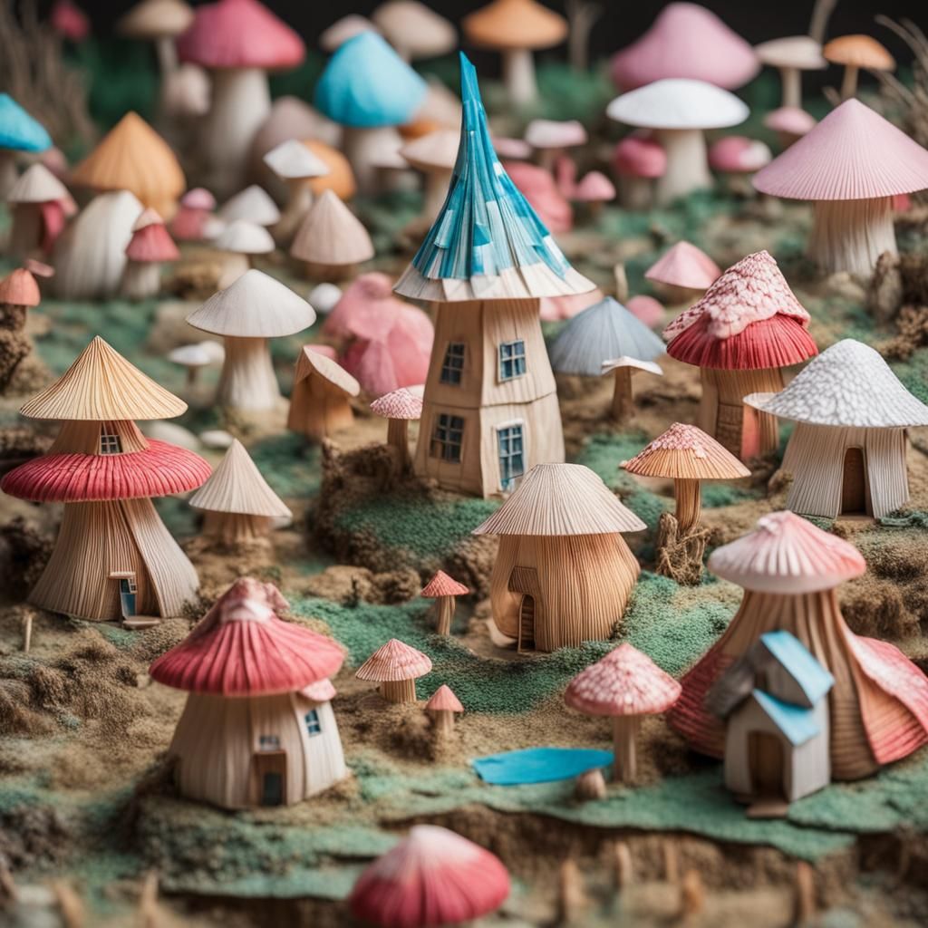 Origami Mushroom Village in Papercraft Style