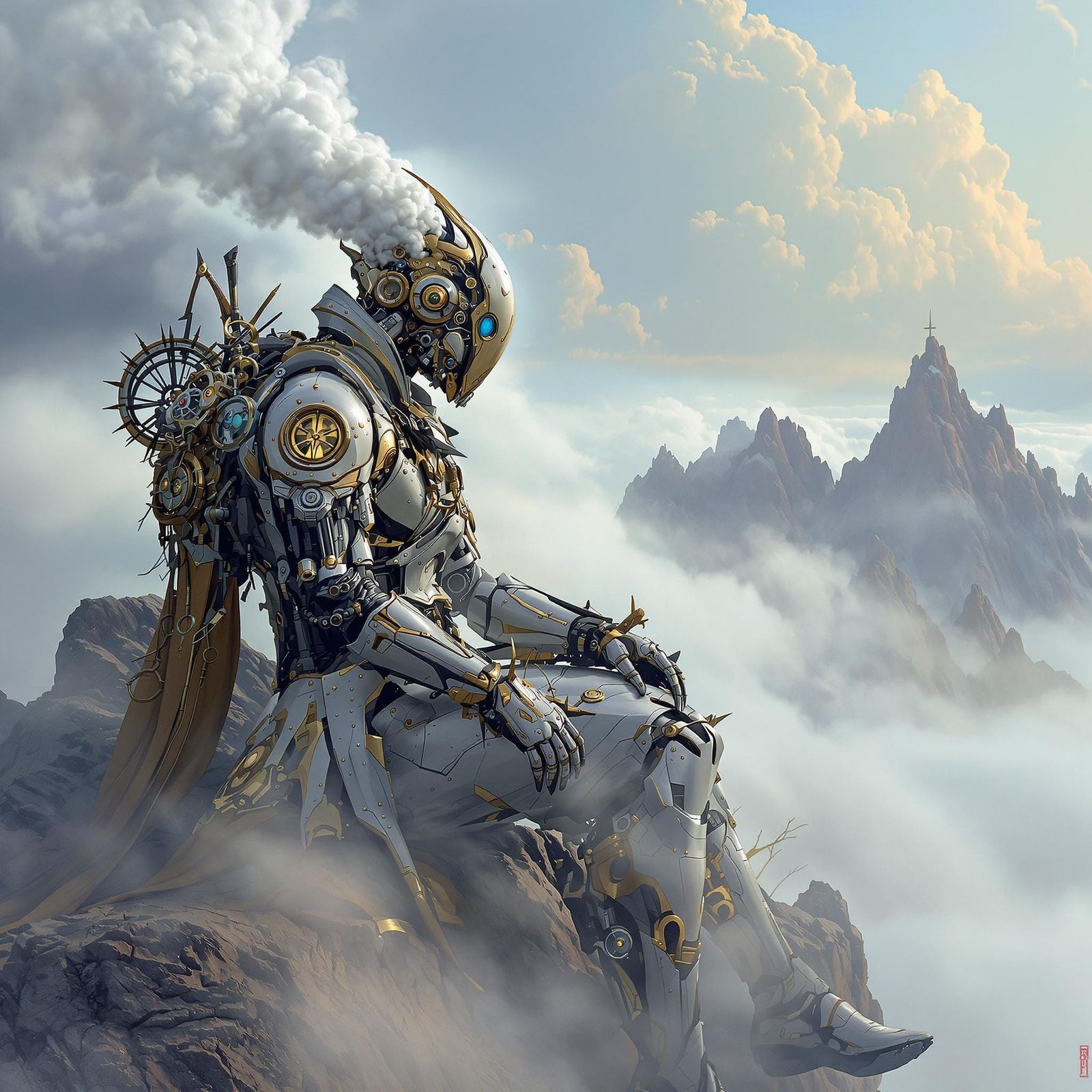 Steampunk Automaton God on Mountain, in Galactic Style