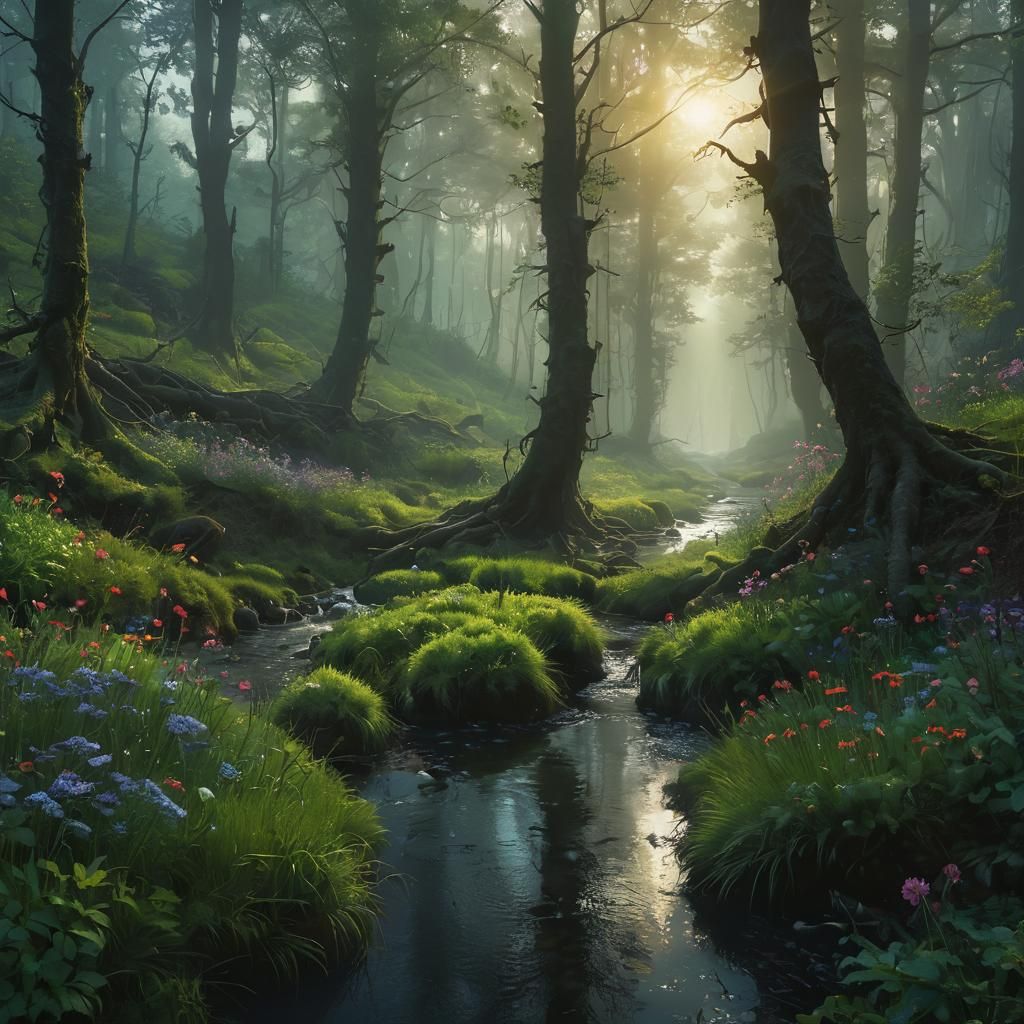 Misty Forest Stream in Dark Fantasy Style