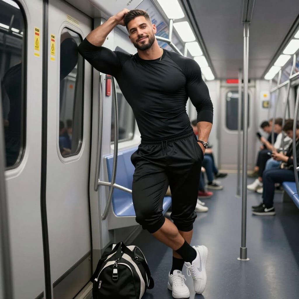 Muscular Man Leans Confidently in Subway Car