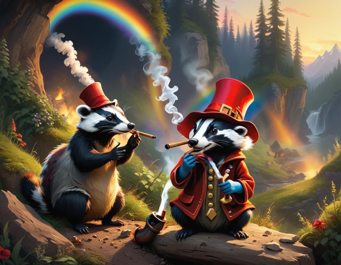 Gnome Smoking Pipe and Petting Badger