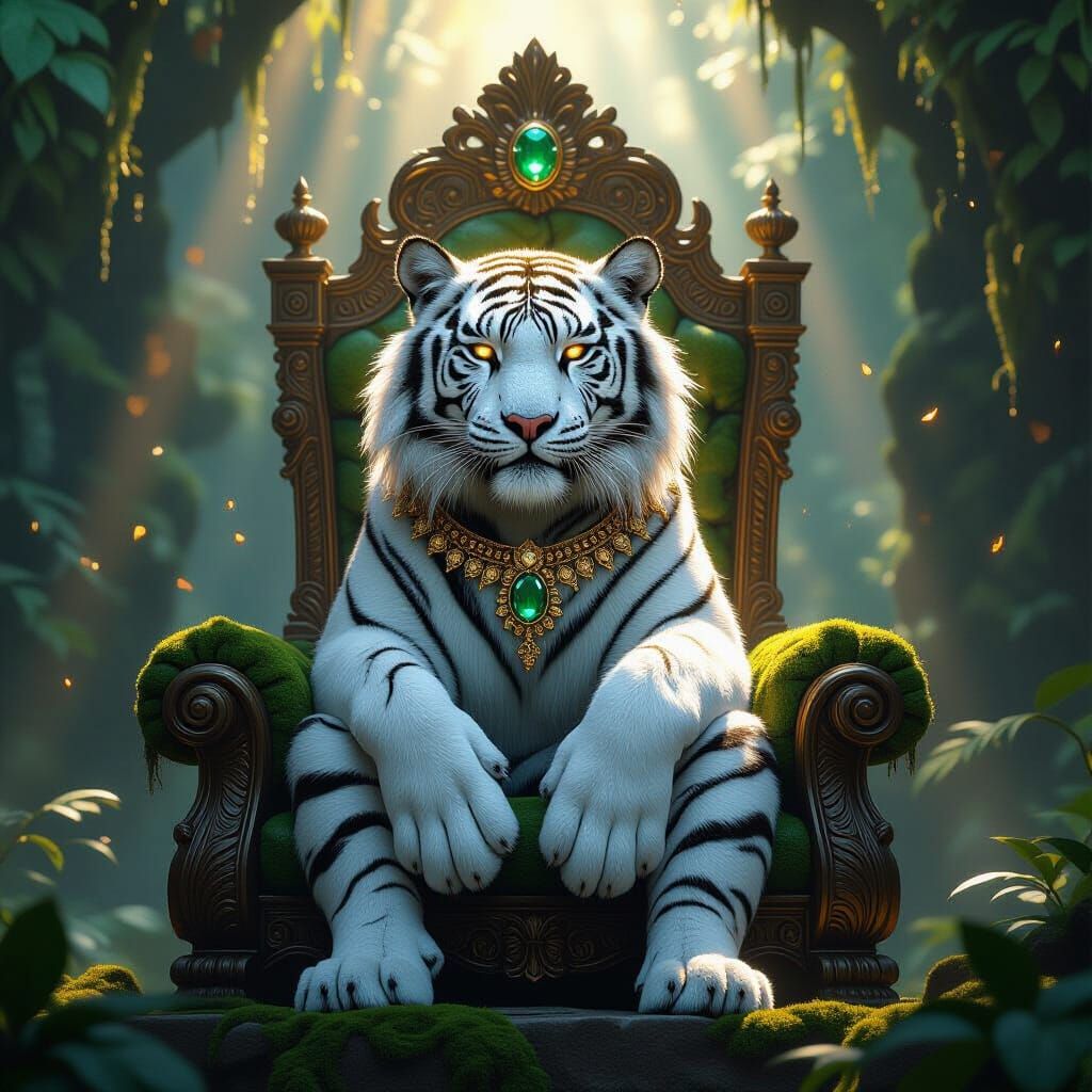 White Tiger on Throne with Gold Filigree and Emeralds