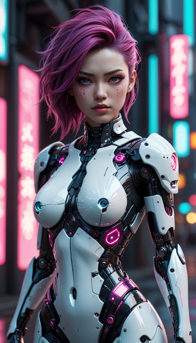 Gothic Pinup Cyborg in Neon Cyberpunk City