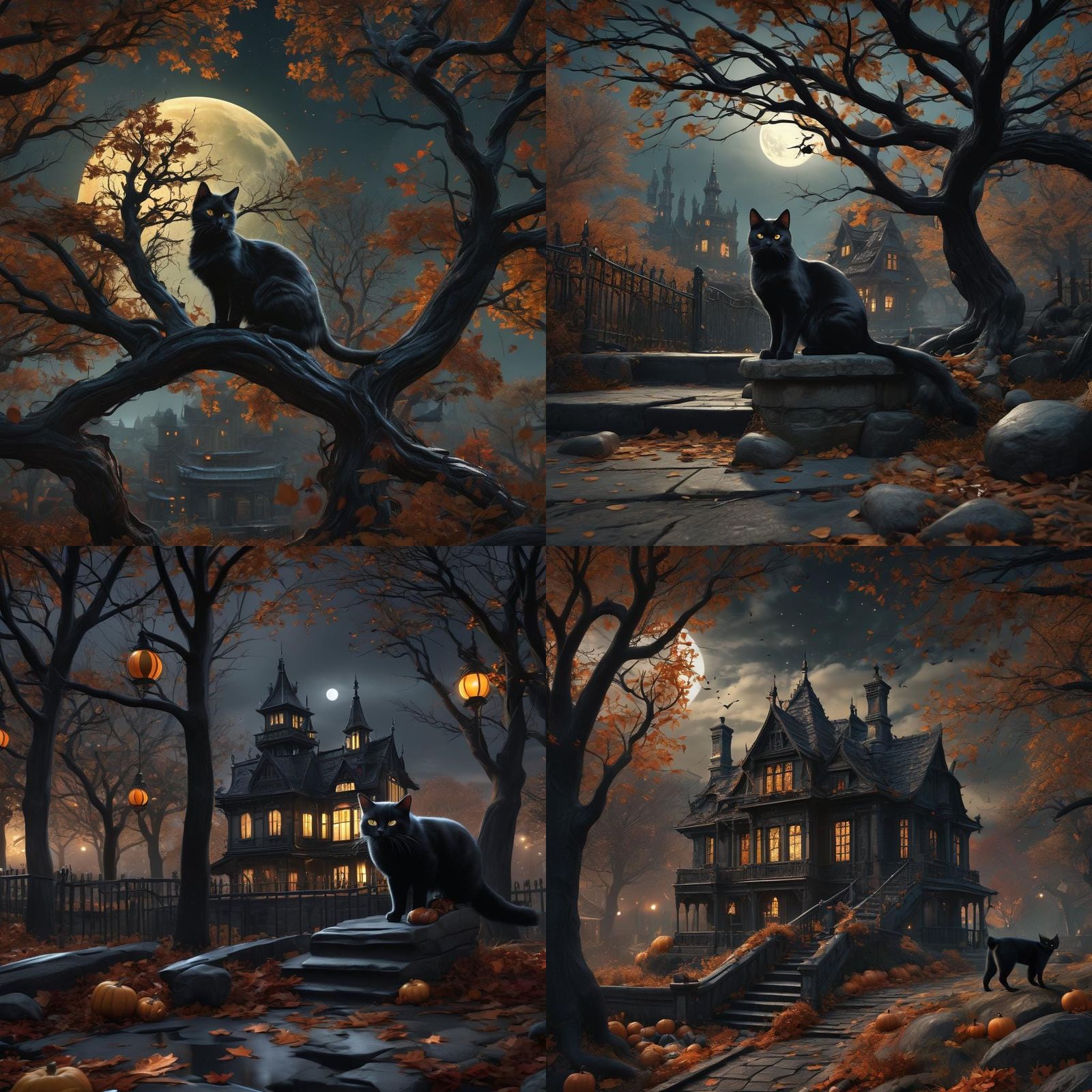 Black Cat Under Autumn Moon: Halloween Concept Art