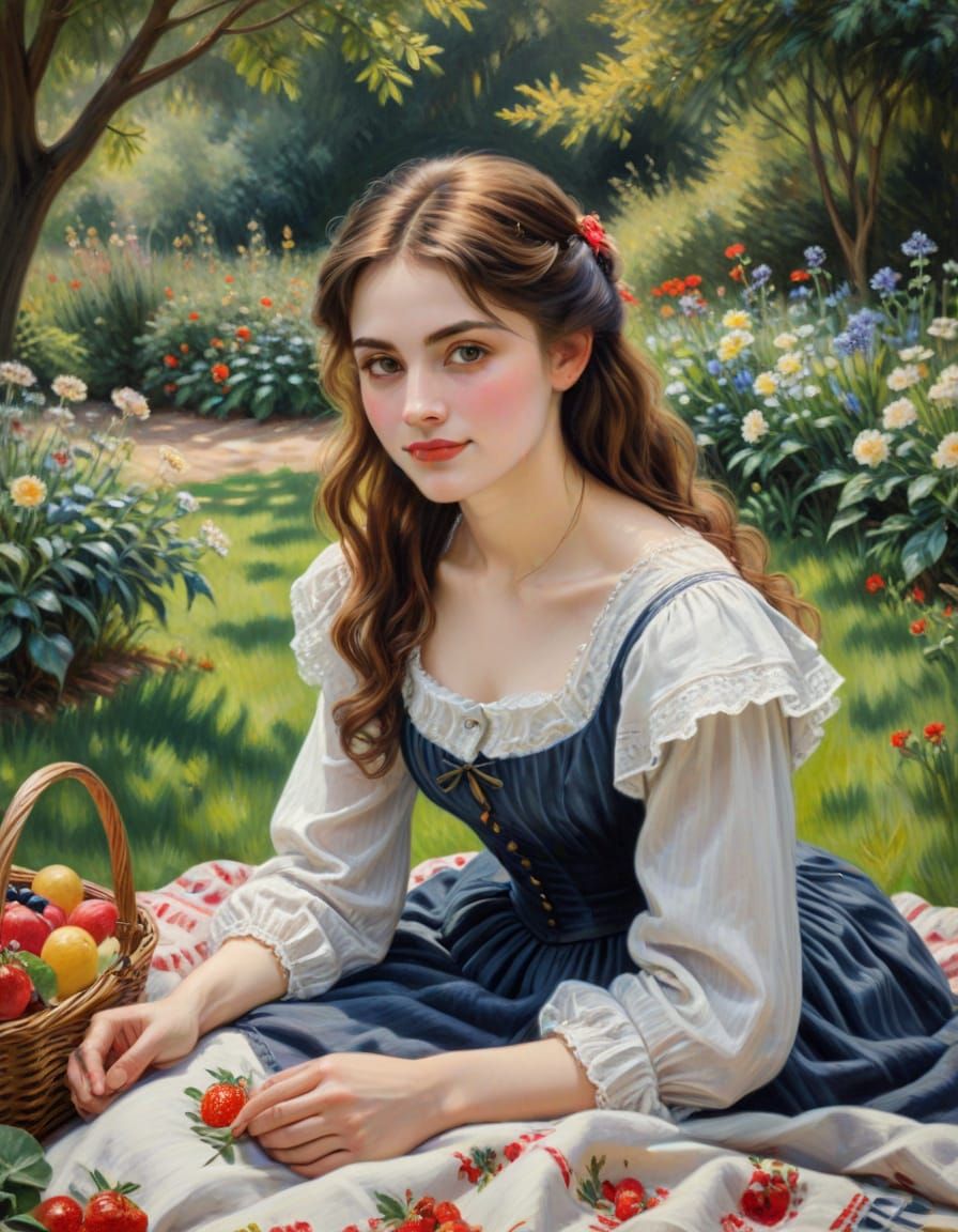 Victorian Woman's Whimsical Picnic in a Garden