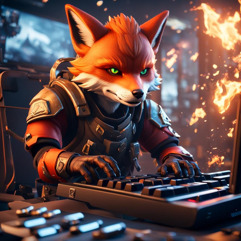 Fiery Fox Gamer in 3D Cinematic Style