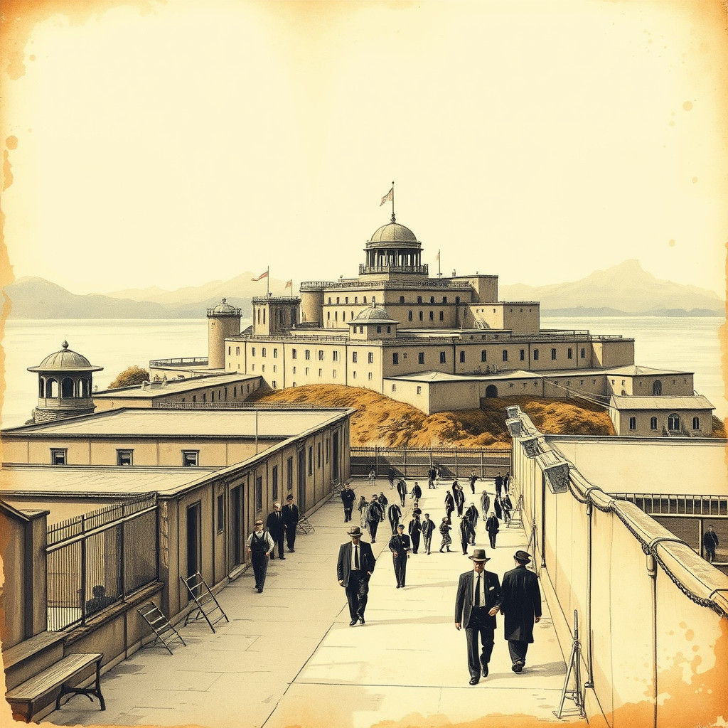 Vintage Alcatraz Prison: Watercolor and Ink Illustration
