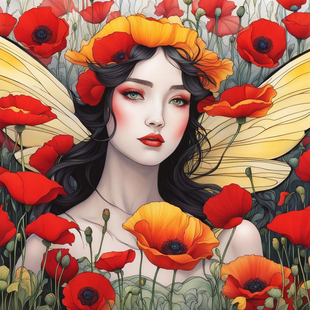 Delicate Fairy with Poppies in Niji Style