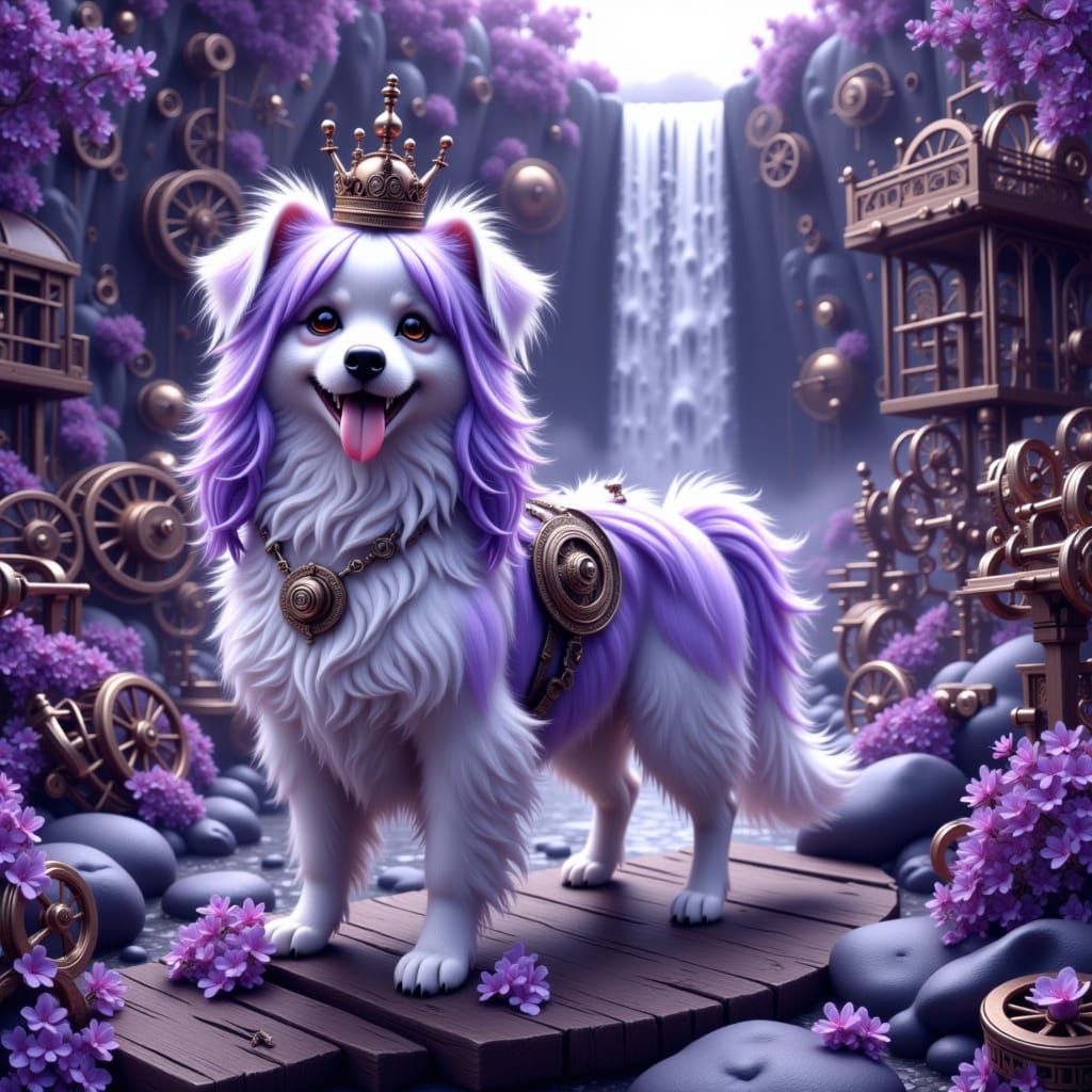 <lora:Steampunk and more:1.0> A cute violet long-haired Dog ...