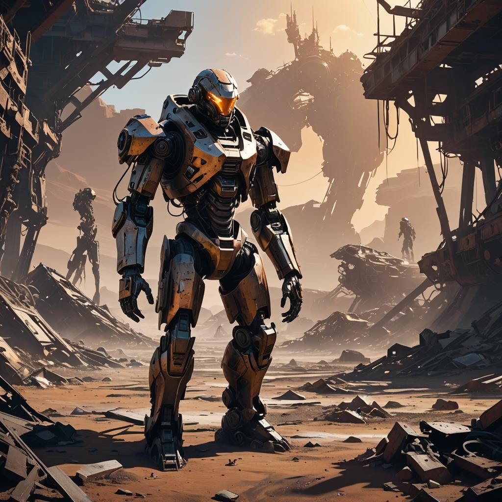 Post-Apocalyptic Exosuit Figure in Wasteland Concept Art