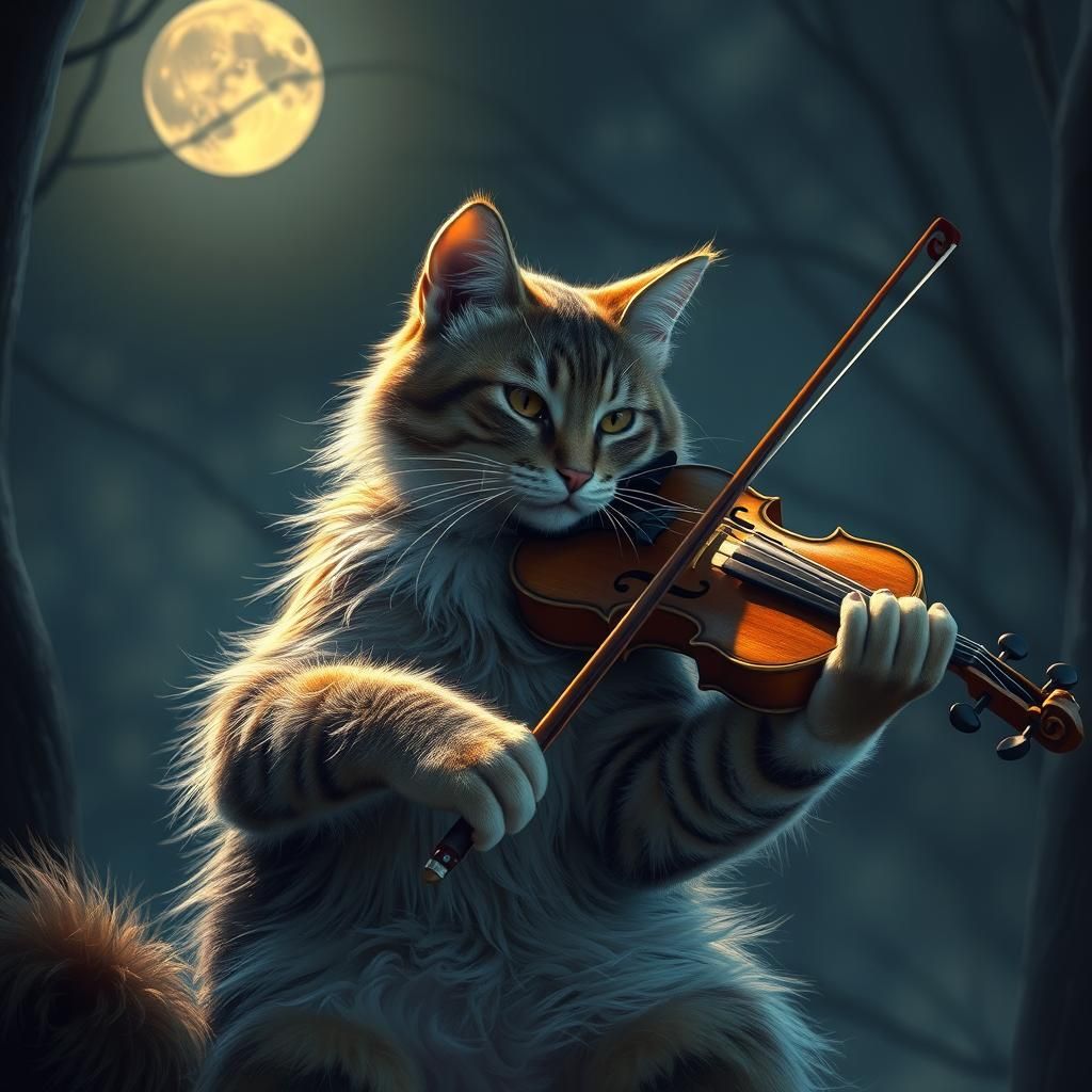 Cat Playing Violin in Moonlight: Epic Realism