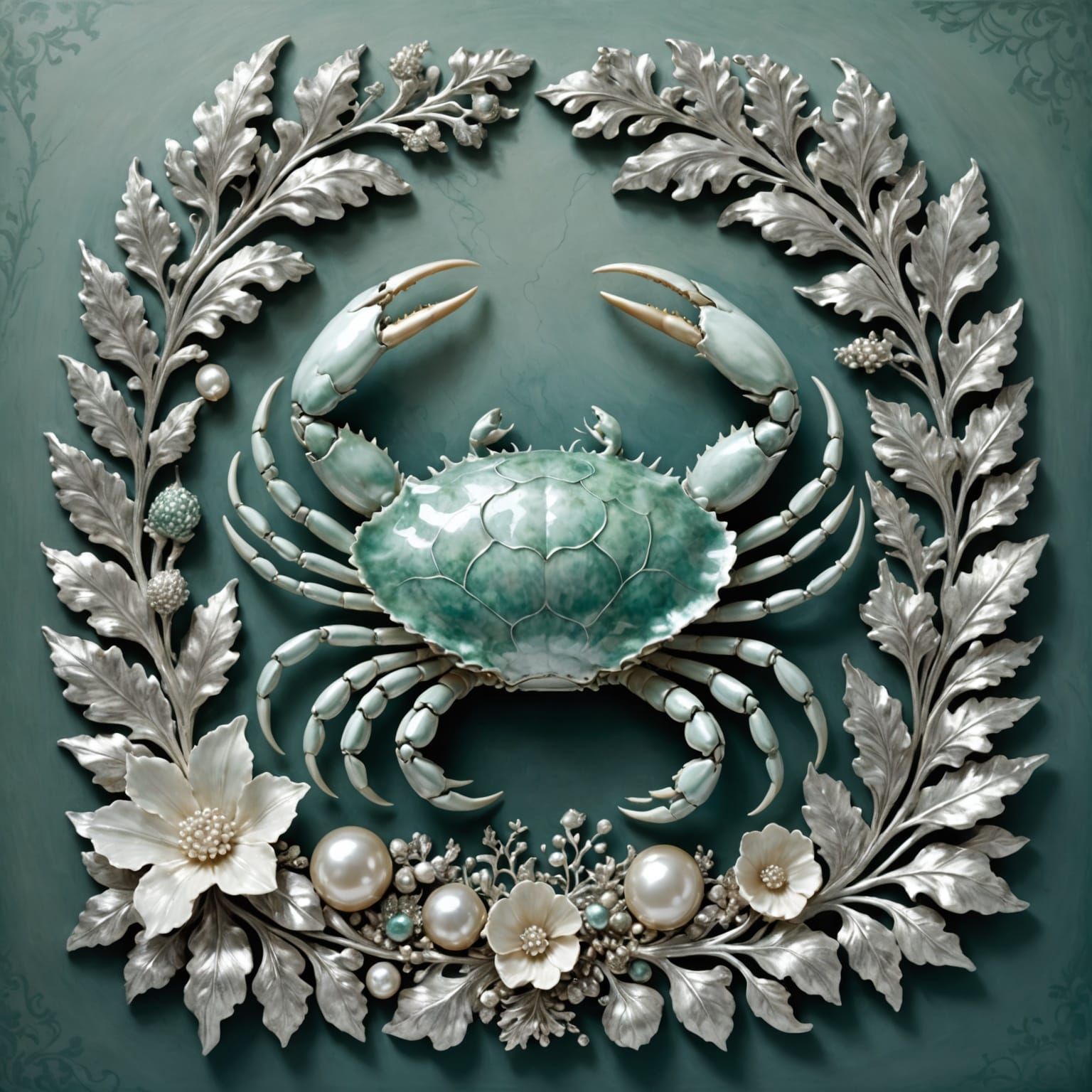 Pearlescent Crab on Silver Coral in Rococo Ocean Scene