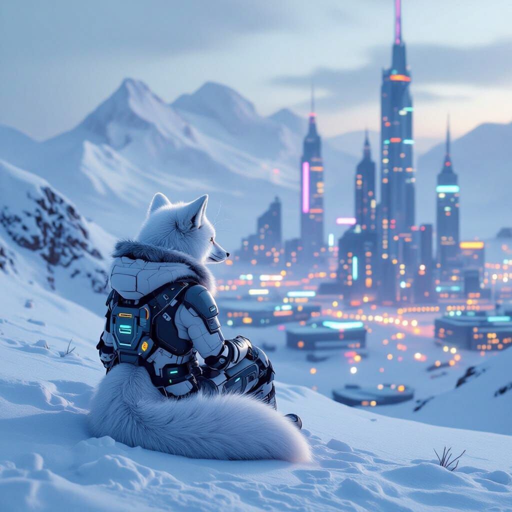 Cybernetic Arctic Fox Gazing at Cyberpunk City