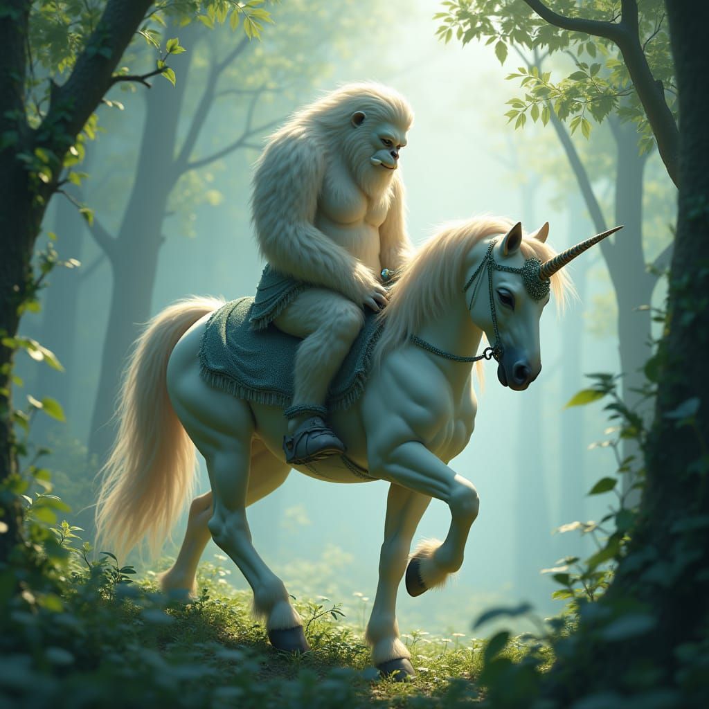 Bigfoot Rides Unicorn in Anime Style Forest