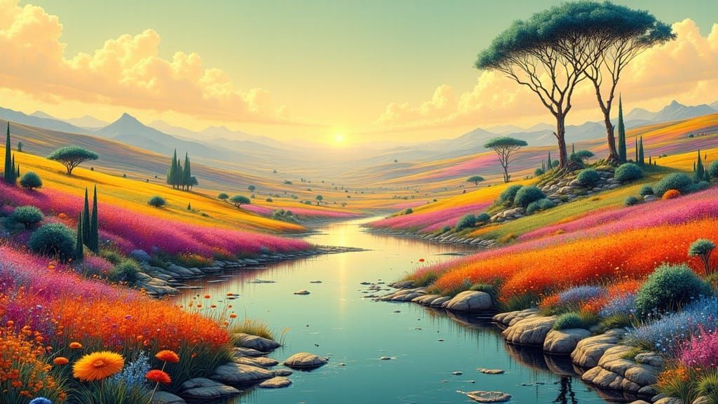 Utopian Landscape with Rolling Hills in Digital Painting Sty...