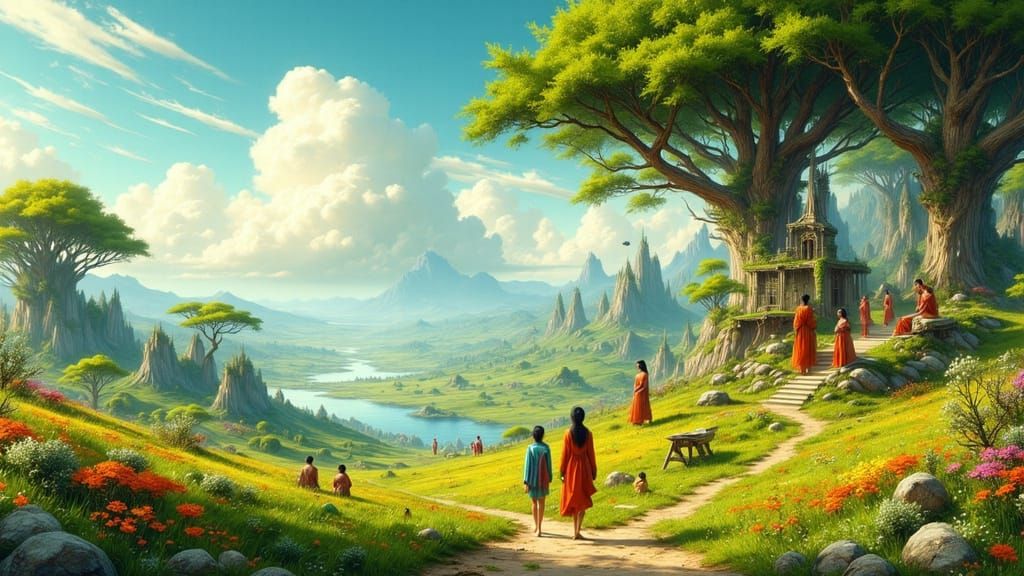 Utopian Landscape with Diverse People, in Concept Art Style