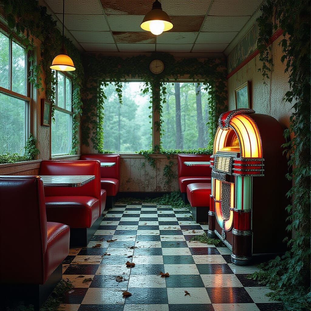 Derelict 1950s Diner in Woods, Hyperrealistic Detail